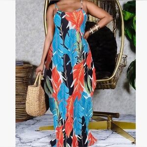 Tropical Leaf Maxi Dress (M) NEW